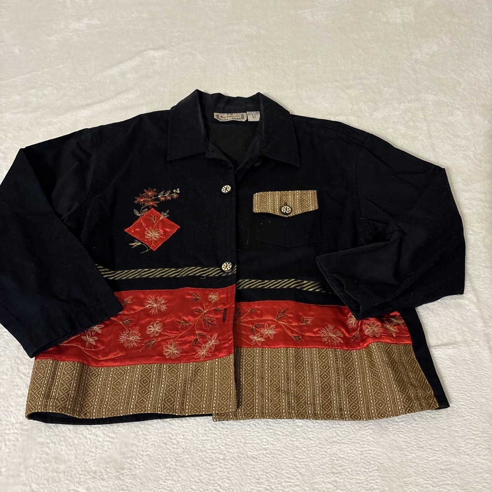 New Direction Vintage Asian Patchwork Jacket L Cotton Embroidered Floral Black